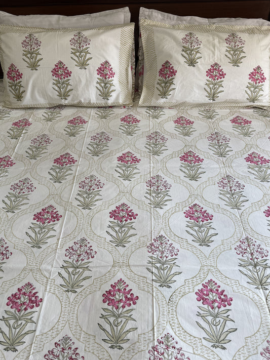 Hand Block printed King Size Bed Sheet: Pink Stock Blooms