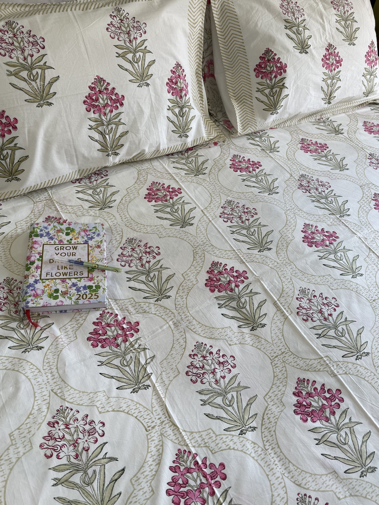 Hand Block printed King Size Bed Sheet: Pink Stock Blooms