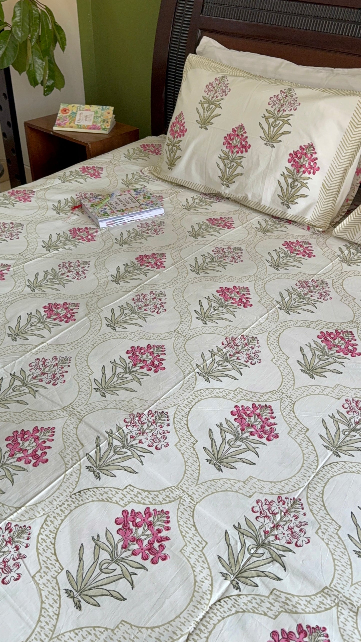 Hand Block printed King Size Bed Sheet: Pink Stock Blooms