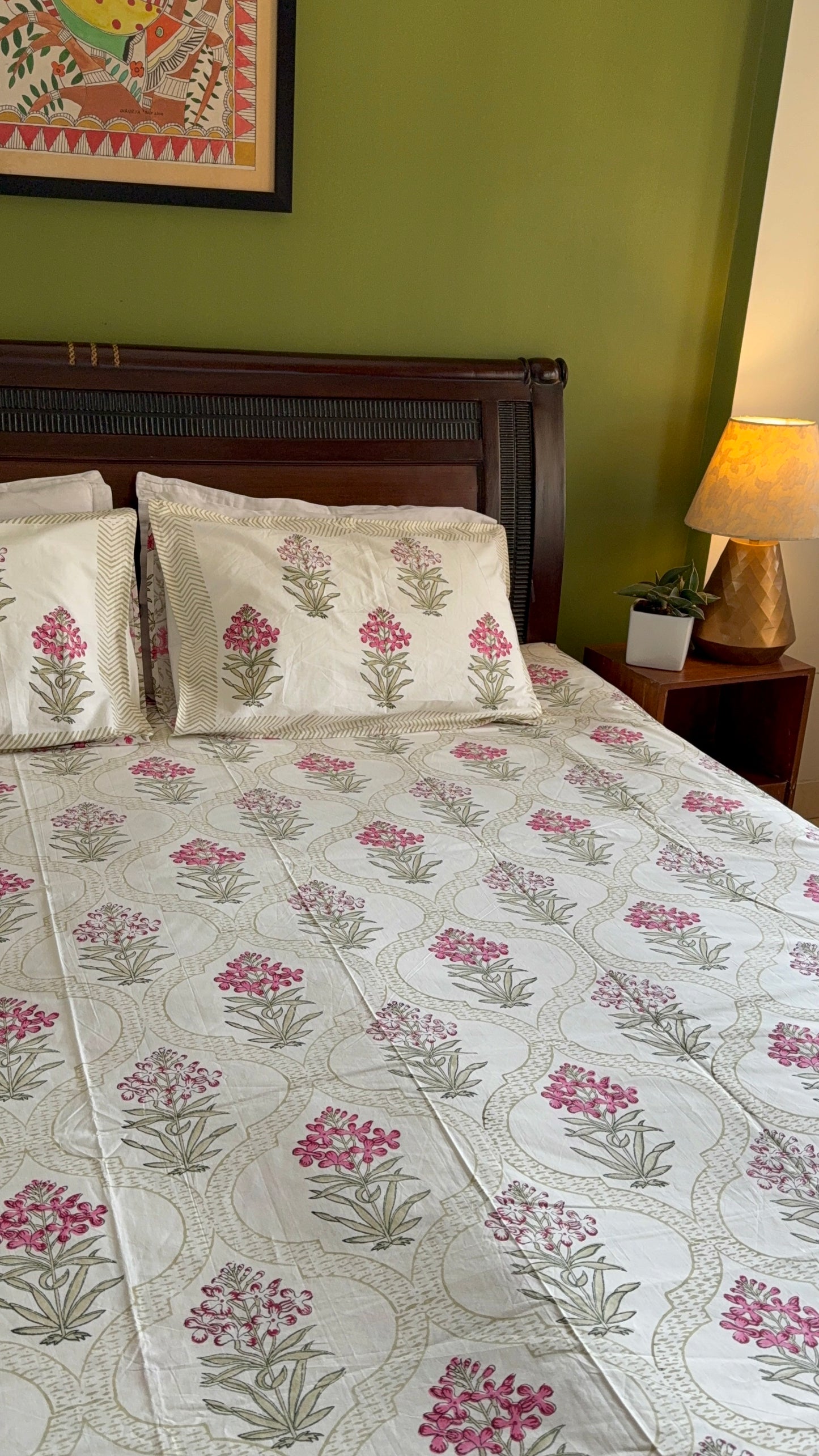 Hand Block printed King Size Bed Sheet: Pink Stock Blooms