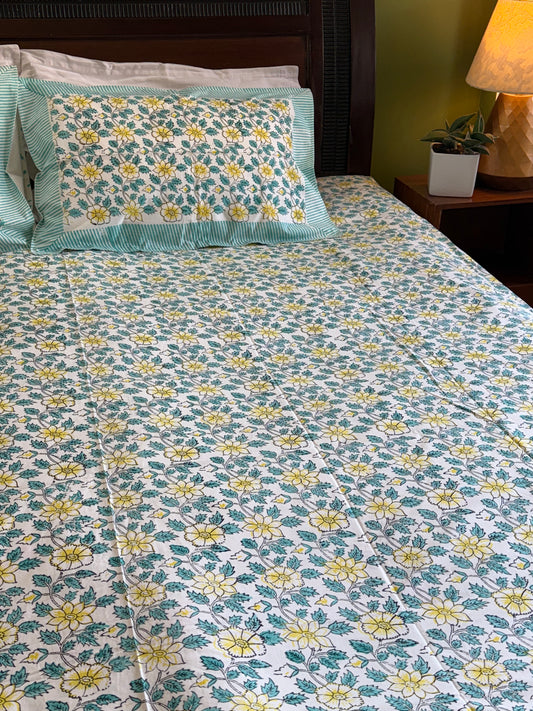 Hand Block Printed King Size Bed sheet: Yellow Blooms
