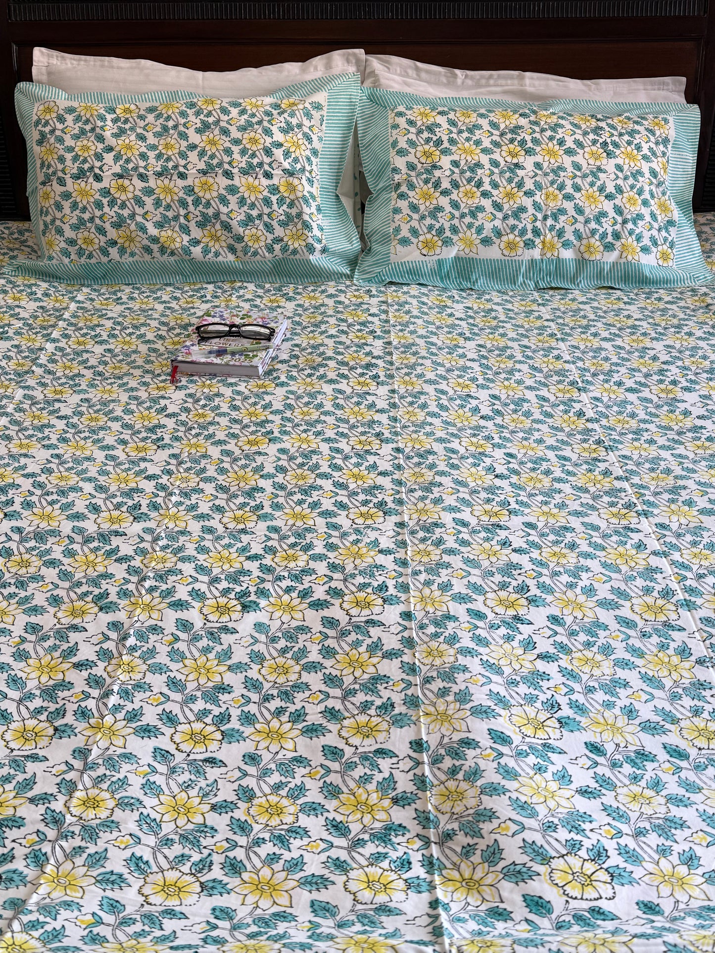 Hand Block Printed King Size Bed sheet: Yellow Blooms