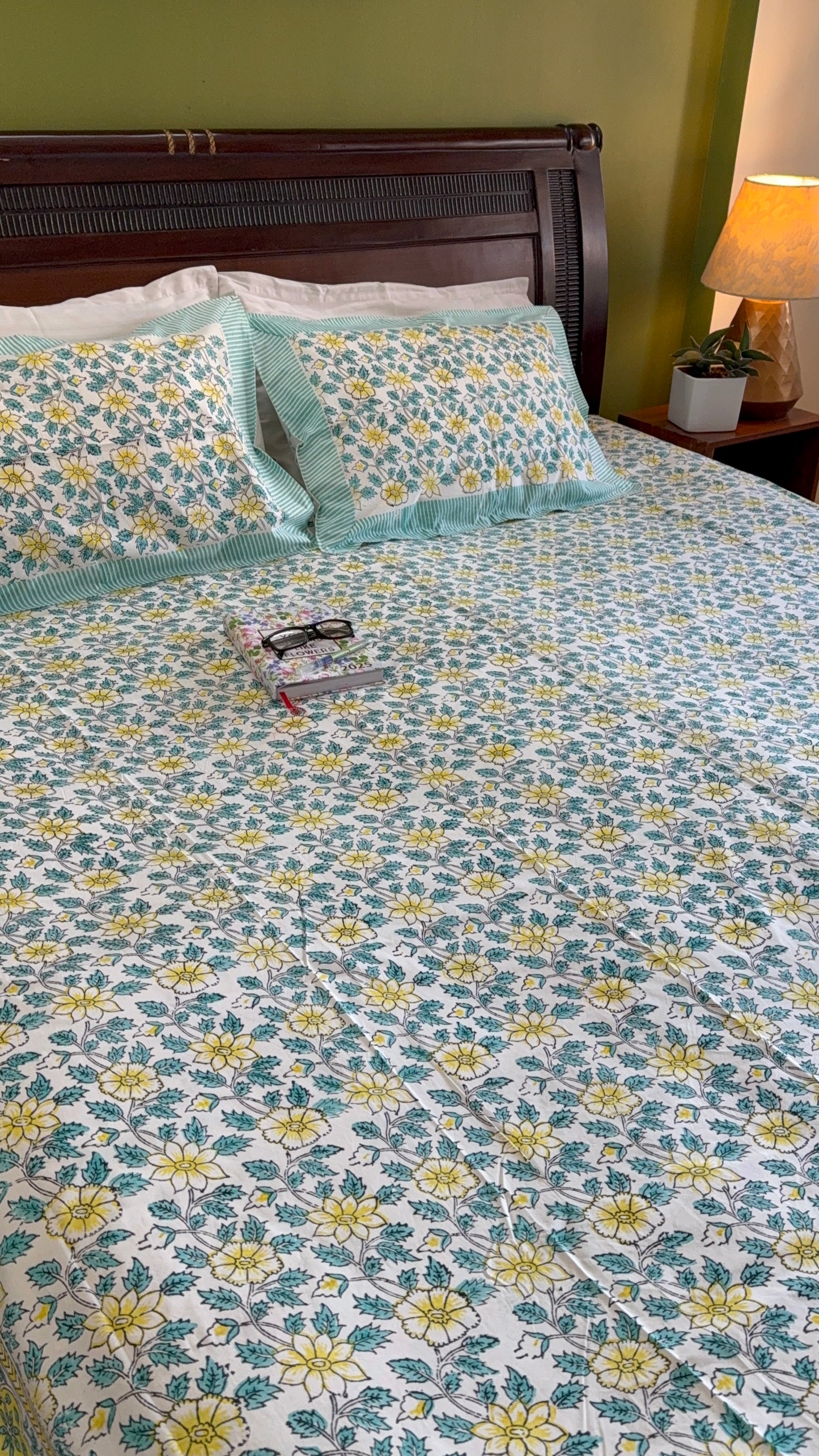 Hand Block Printed King Size Bed sheet: Yellow Blooms