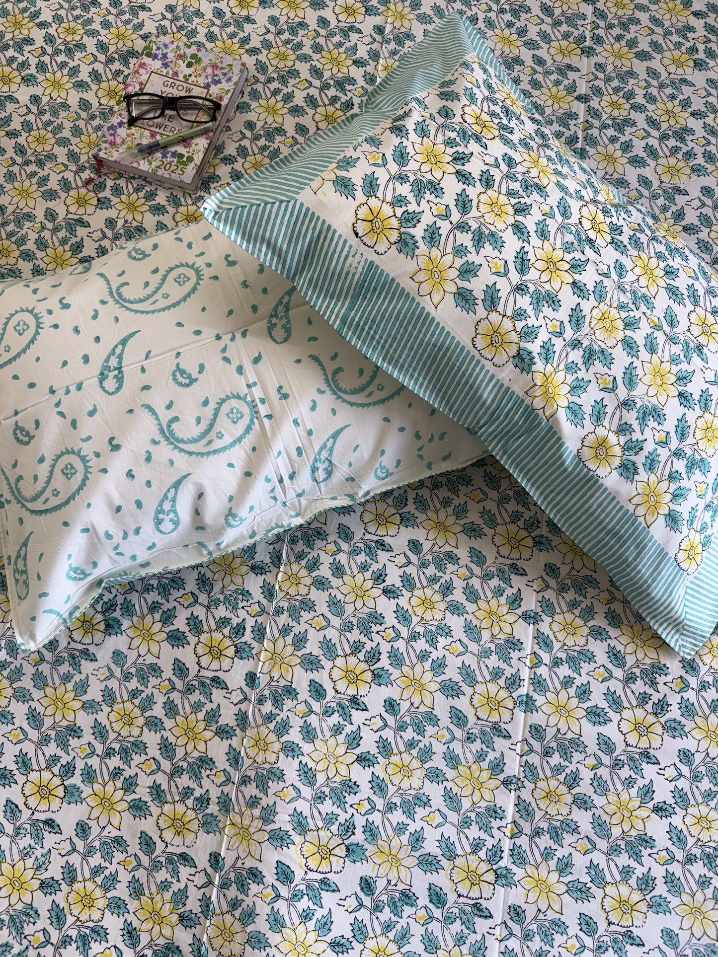 Hand Block Printed King Size Bed sheet: Yellow Blooms