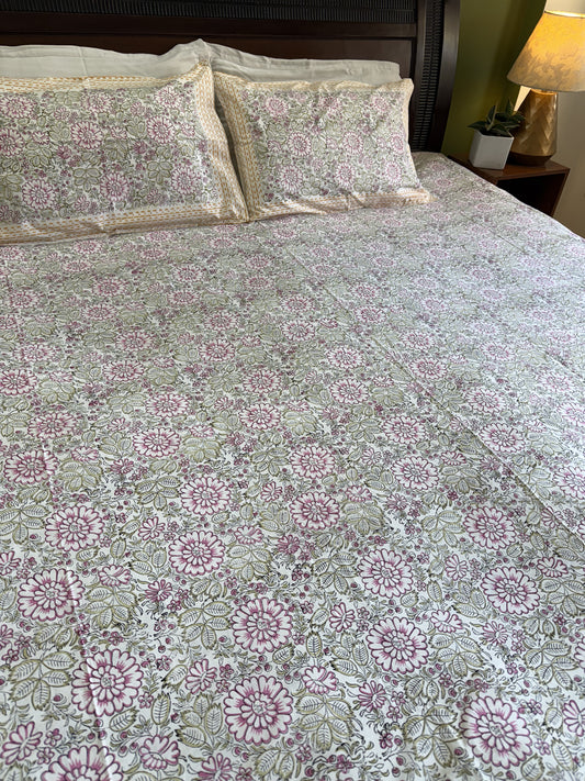 Hand Block Printed Super King Size Bed sheet: Pink Blooms