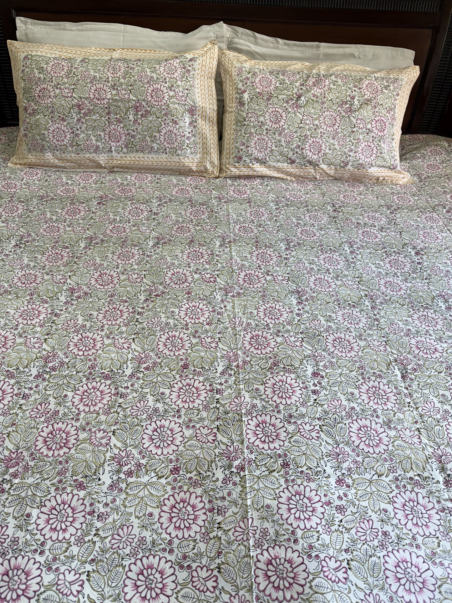 Hand Block Printed Super King Size Bed sheet: Pink Blooms