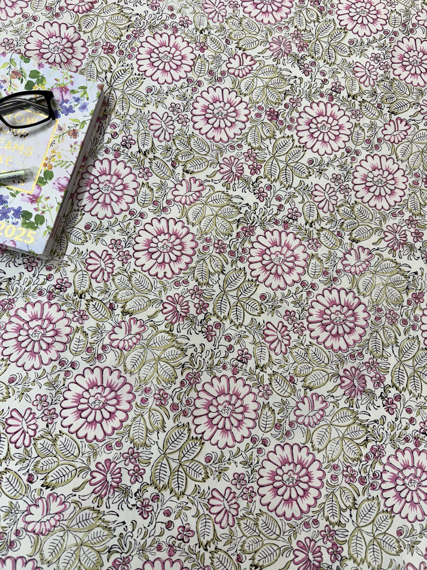 Hand Block Printed Super King Size Bed sheet: Pink Blooms
