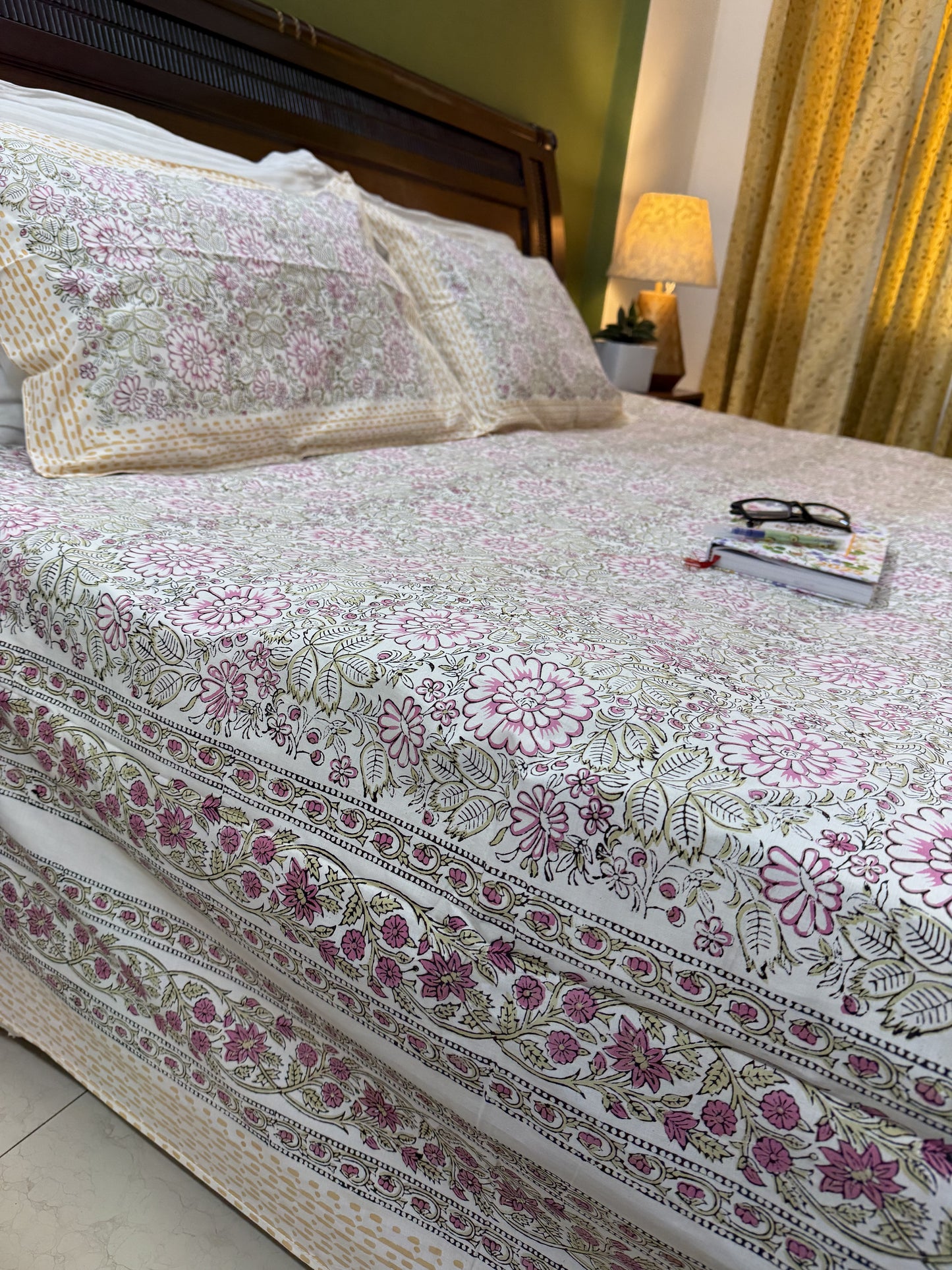 Hand Block Printed Super King Size Bed sheet: Pink Blooms