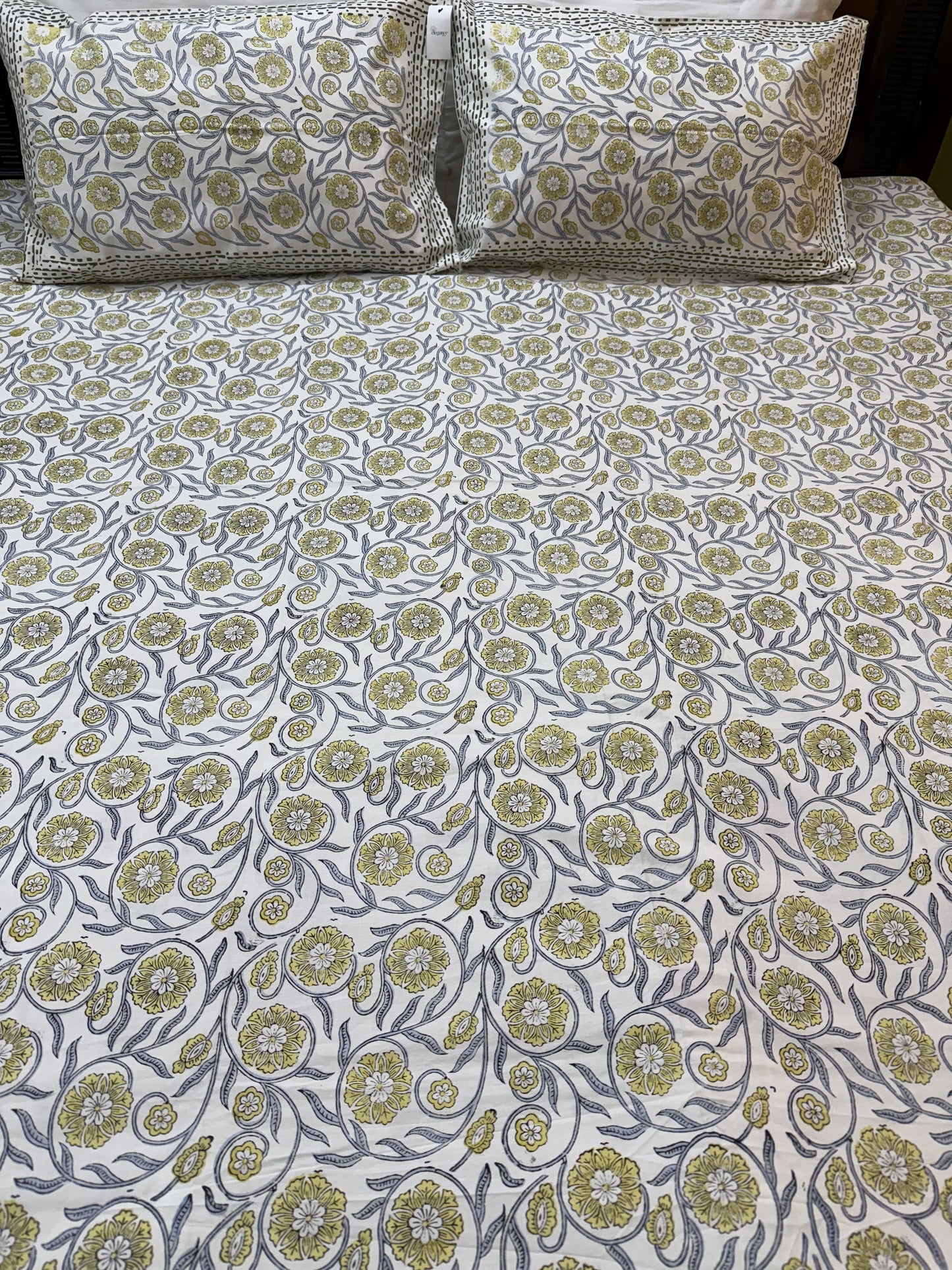 Hand Block Printed Super King Size Bedsheet: Yellow Florals