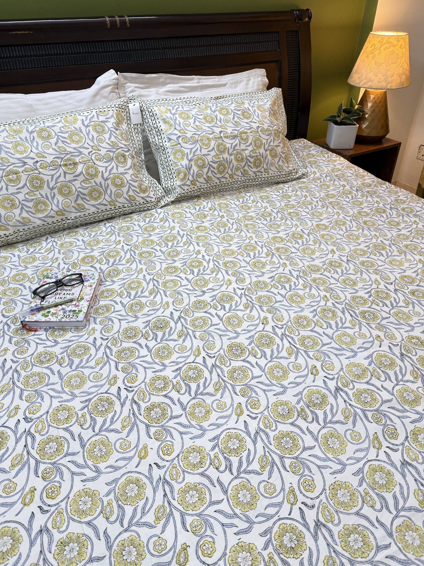 Hand Block Printed Super King Size Bedsheet: Yellow Florals