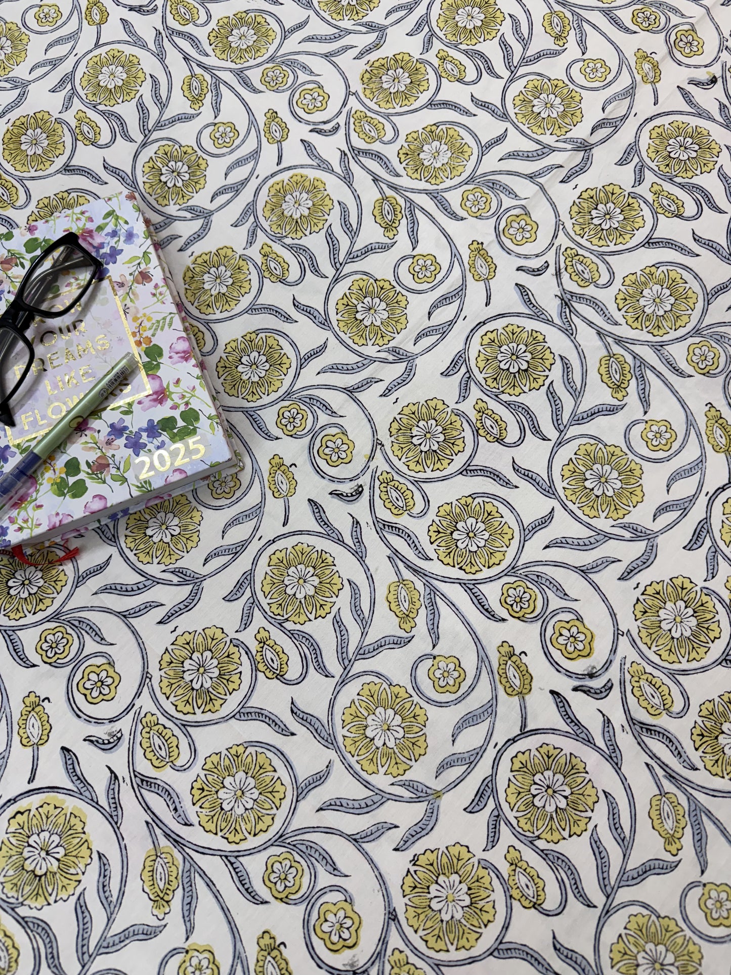 Hand Block Printed Super King Size Bedsheet: Yellow Florals