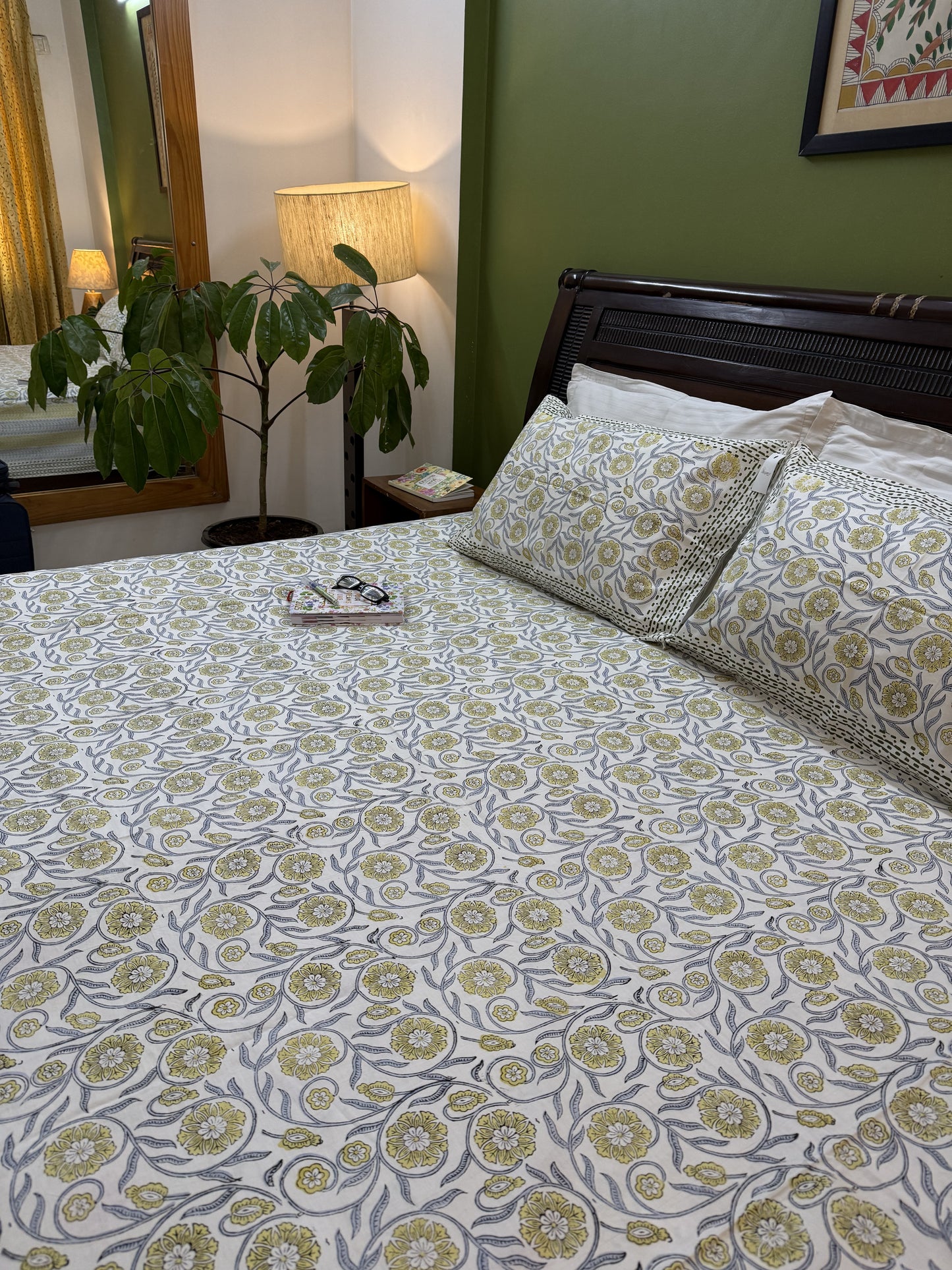 Hand Block Printed Super King Size Bedsheet: Yellow Florals