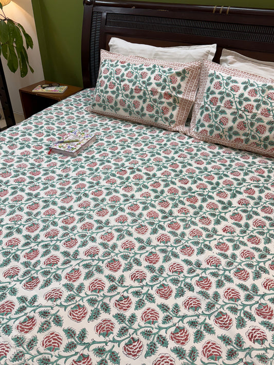 Hand Block Printed King Size Bed sheet: Rose Blooms