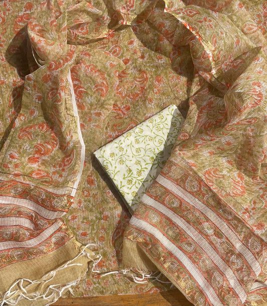 Hand Block Print Kota Doria Suit Fabric: Orange Green