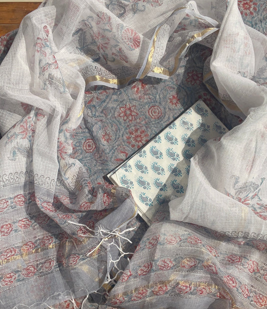 Hand Block Print Kota Doria Suit Fabric: Grey