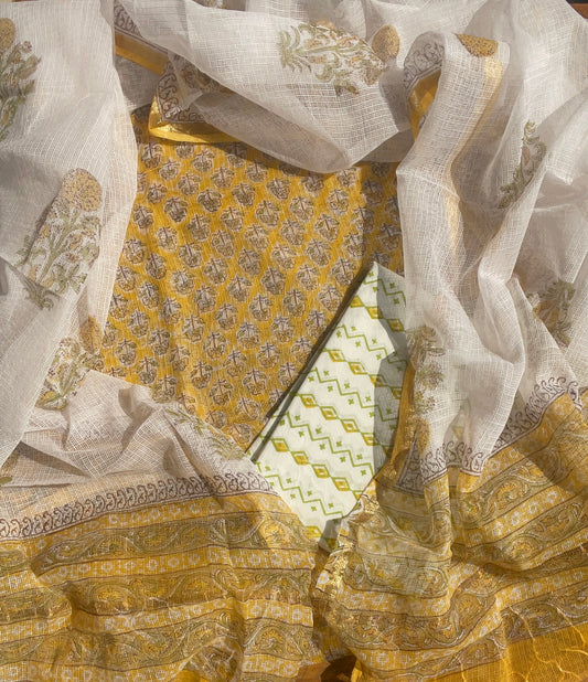Hand Block Print Kota Doria Suit Fabric: Yellow
