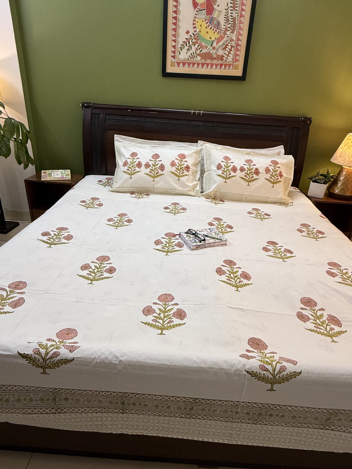 Hand Block printed King Size Bed sheet:  Peach Dahlias