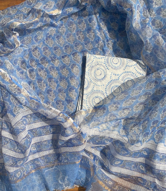 Hand Block Print Kota Doria Suit Fabric: Blue