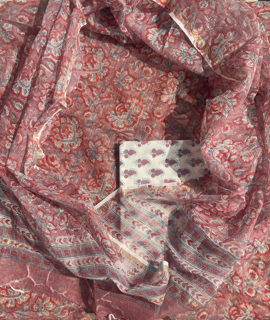 Hand Block Print Kota Doria Suit Fabric: Pink
