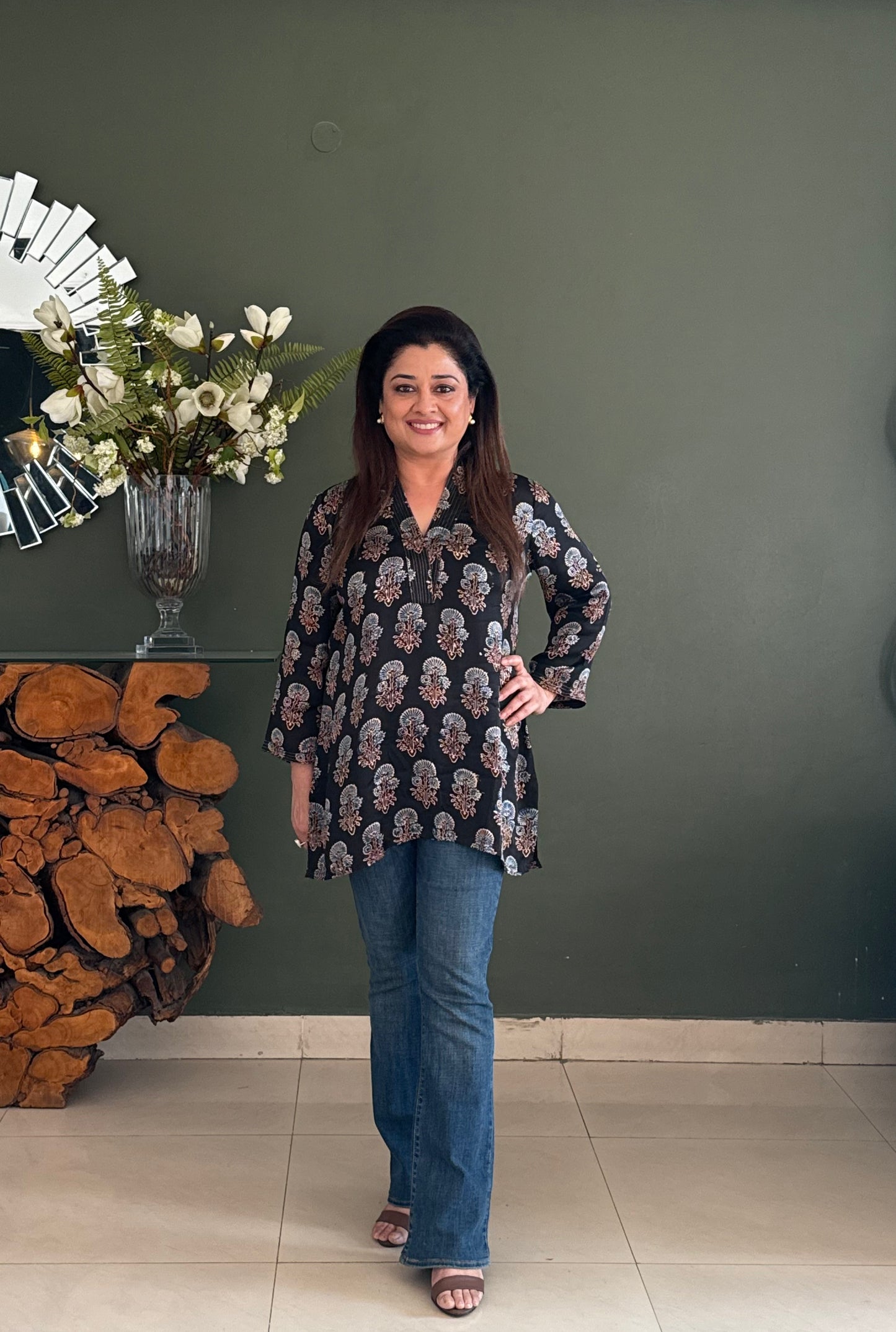 Ajrakh Modal Kurti- Black
