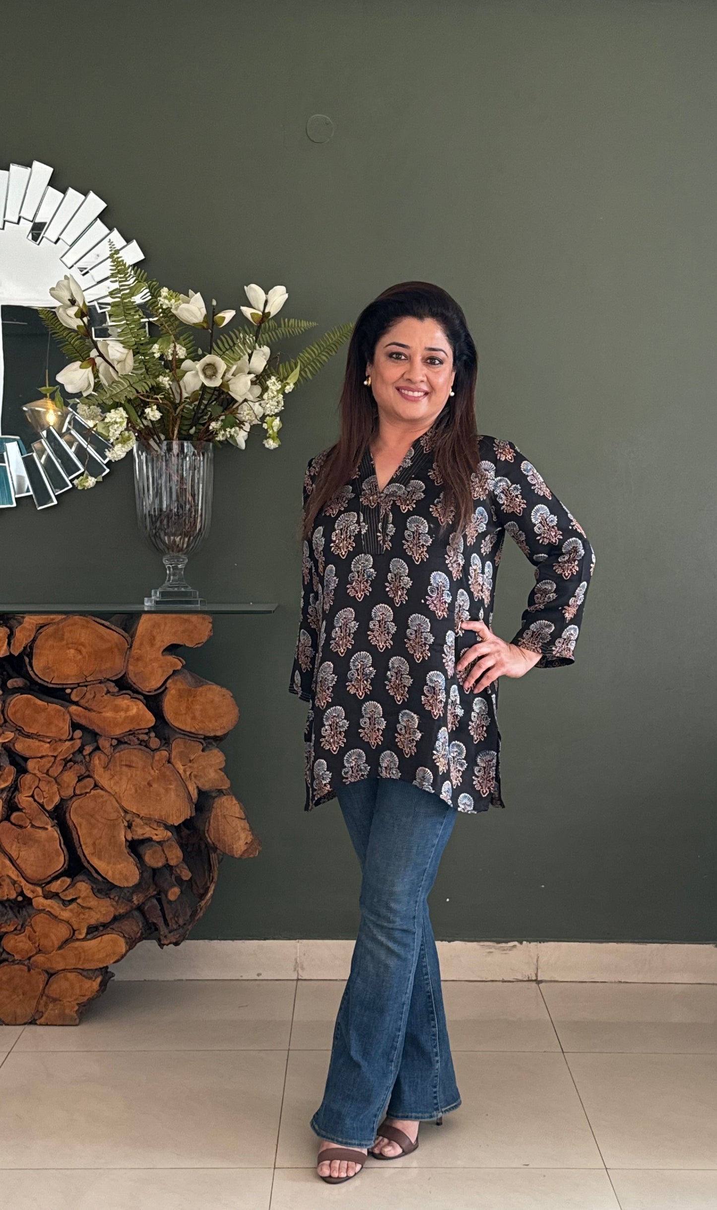 Ajrakh Modal Kurti- Black
