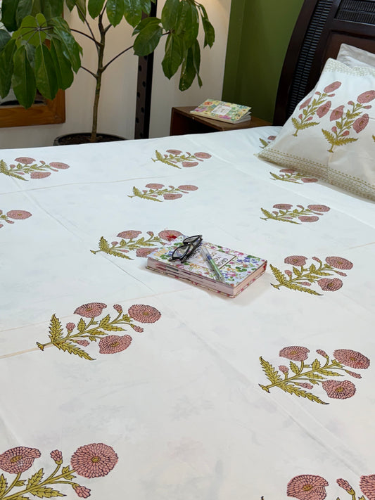 Hand Block printed King Size Bed sheet:  Peach Dahlias