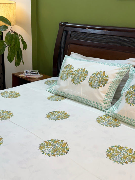 Hand Blocked Printed King Size Bed sheet: Yellow Blooms Bunch