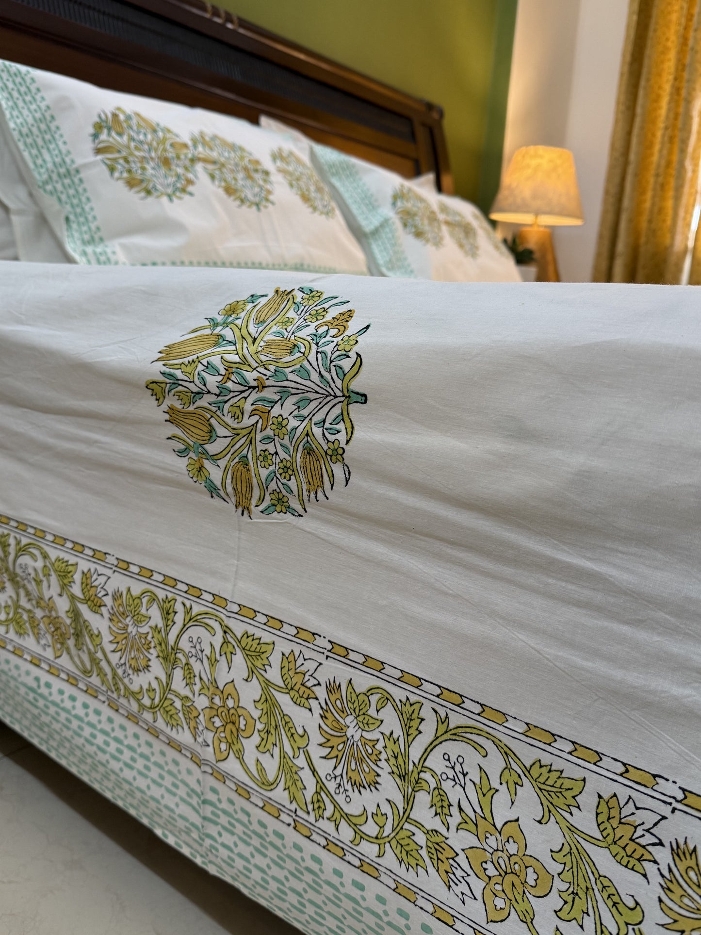 Hand Blocked Printed King Size Bed sheet: Yellow Blooms Bunch