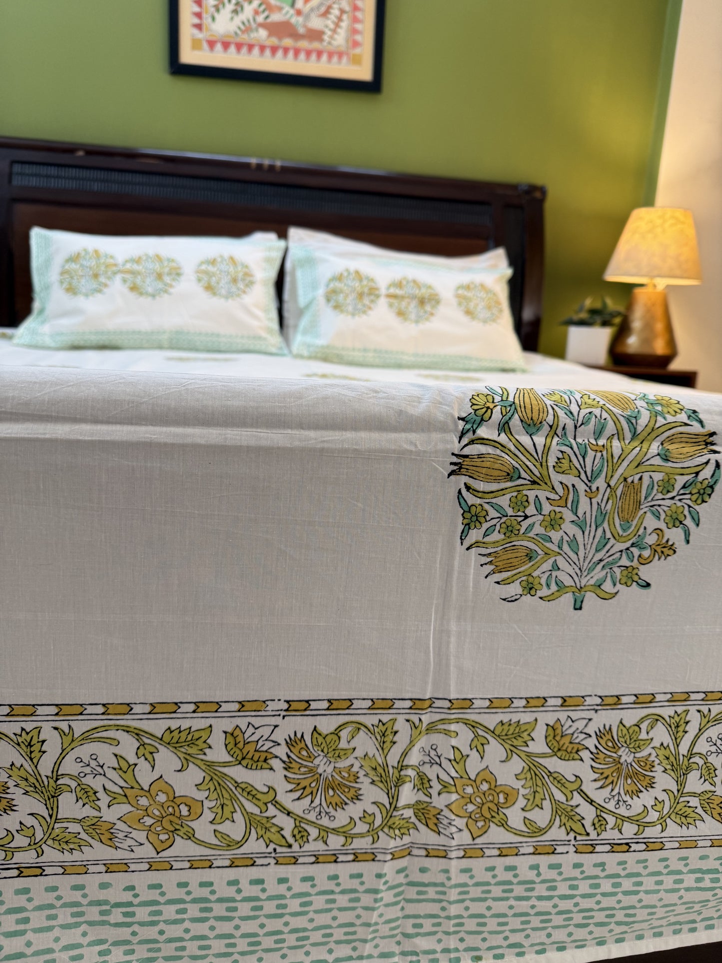 Hand Blocked Printed King Size Bed sheet: Yellow Blooms Bunch
