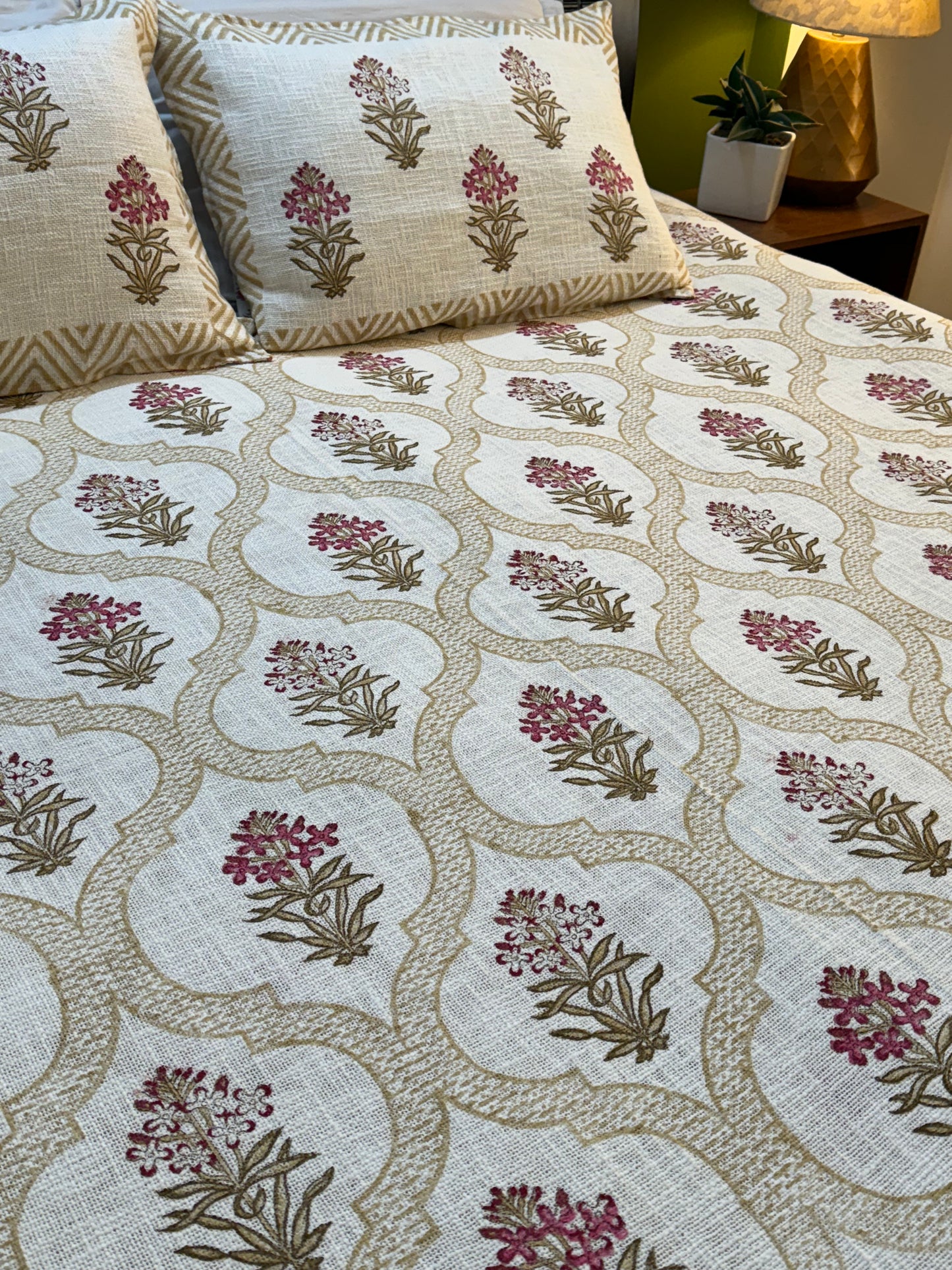 Hand Block Printed TNT Bedcover: Pink Stock Blooms