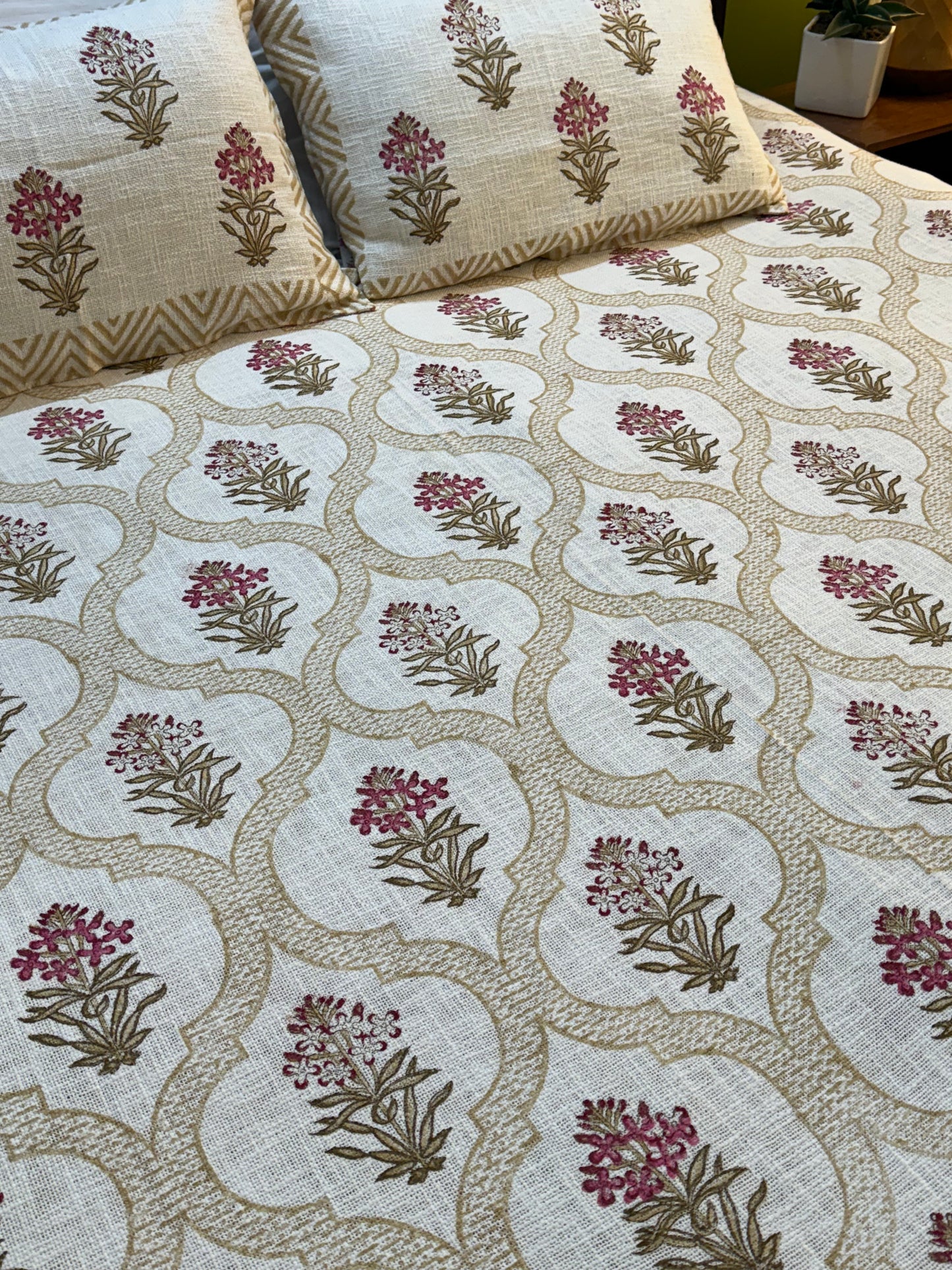 Hand Block Printed TNT Bedcover: Pink Stock Blooms
