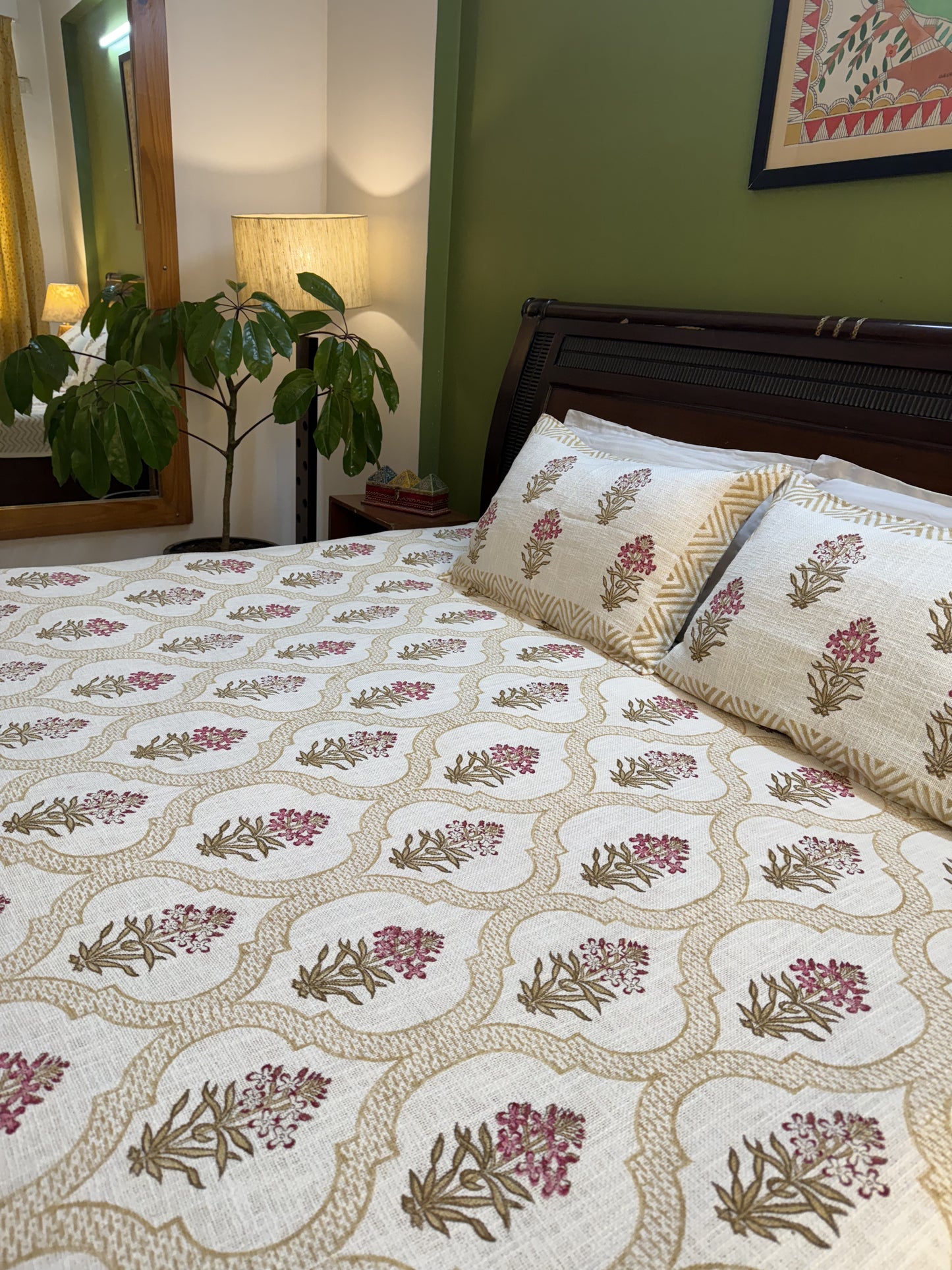 Hand Block Printed TNT Bedcover: Pink Stock Blooms
