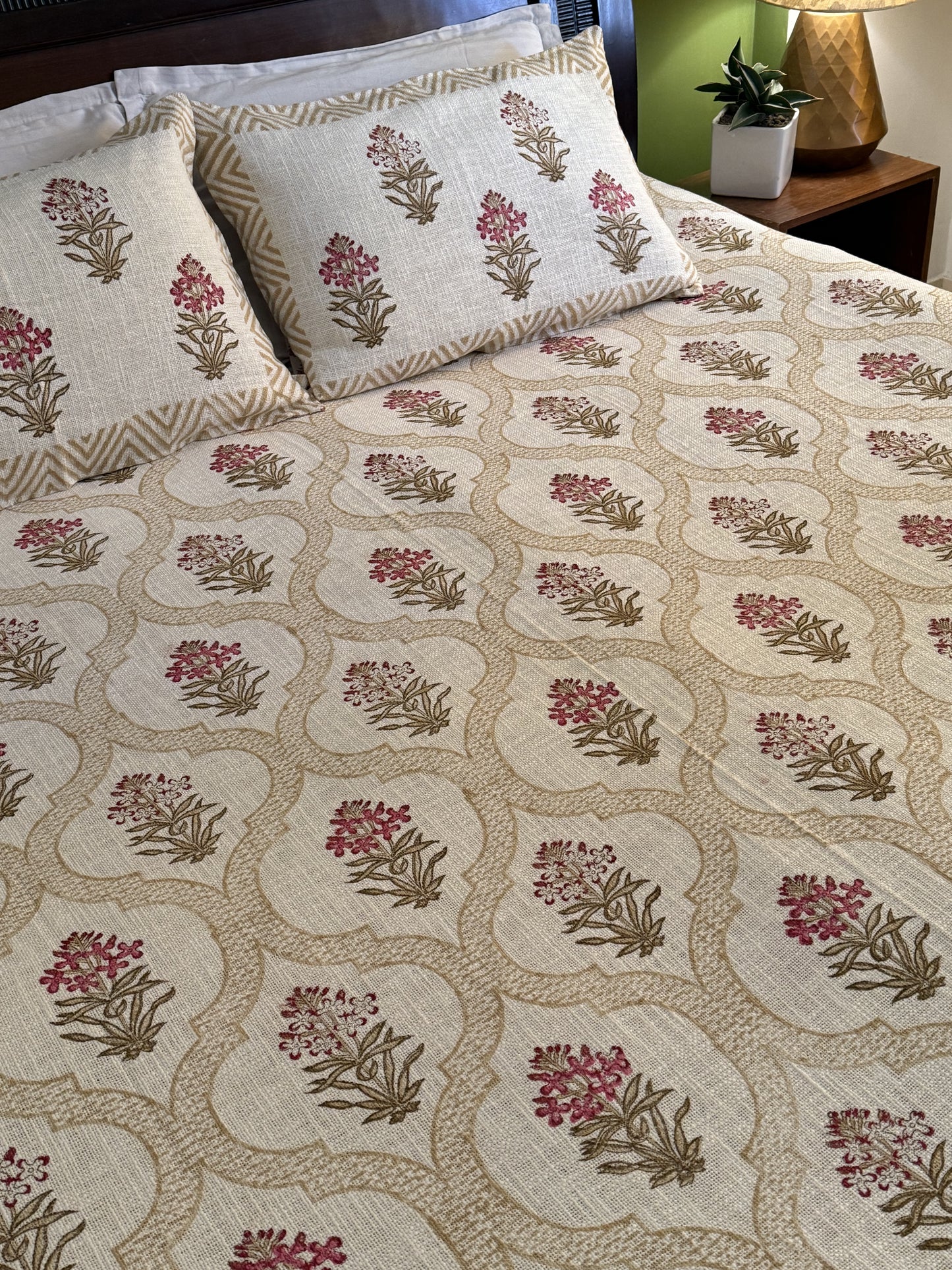 Hand Block Printed TNT Bedcover: Pink Stock Blooms