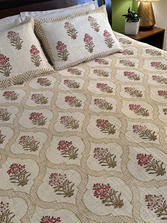 Hand Block Printed TNT Bedcover: Pink Stock Blooms