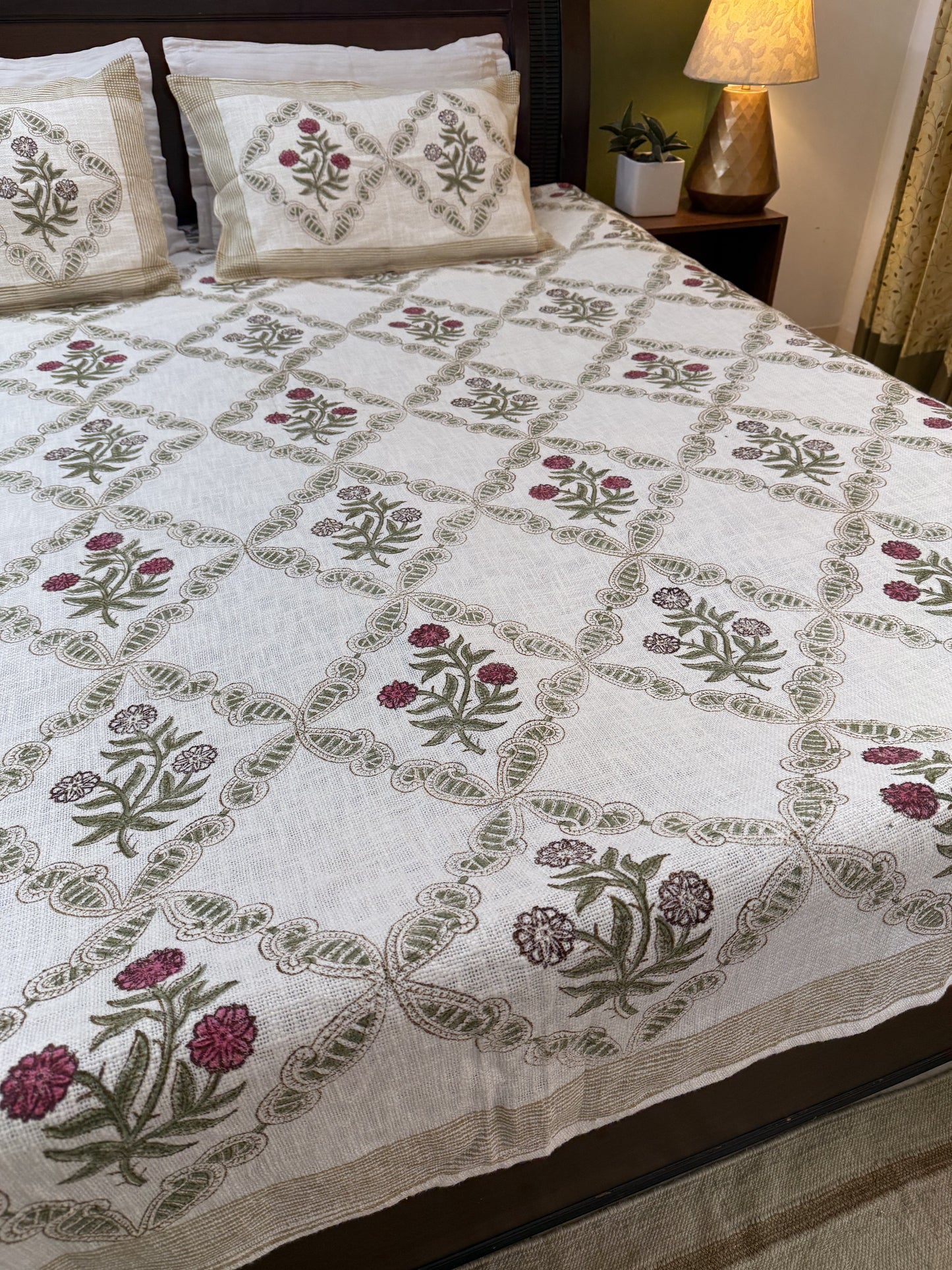 Hand Block Printed TNT Bedcover: Dahlias