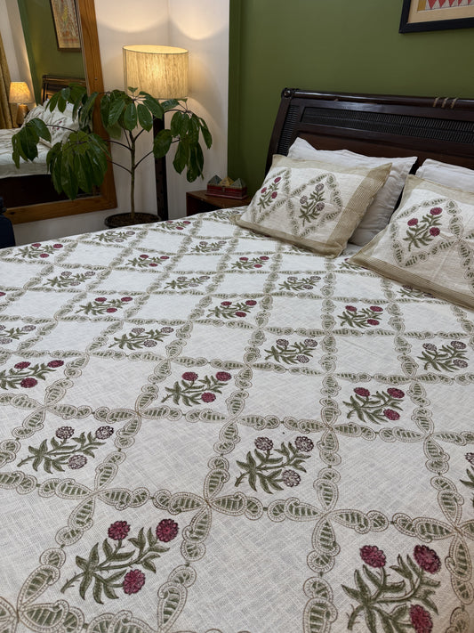Hand Block Printed TNT Bedcover: Dahlias