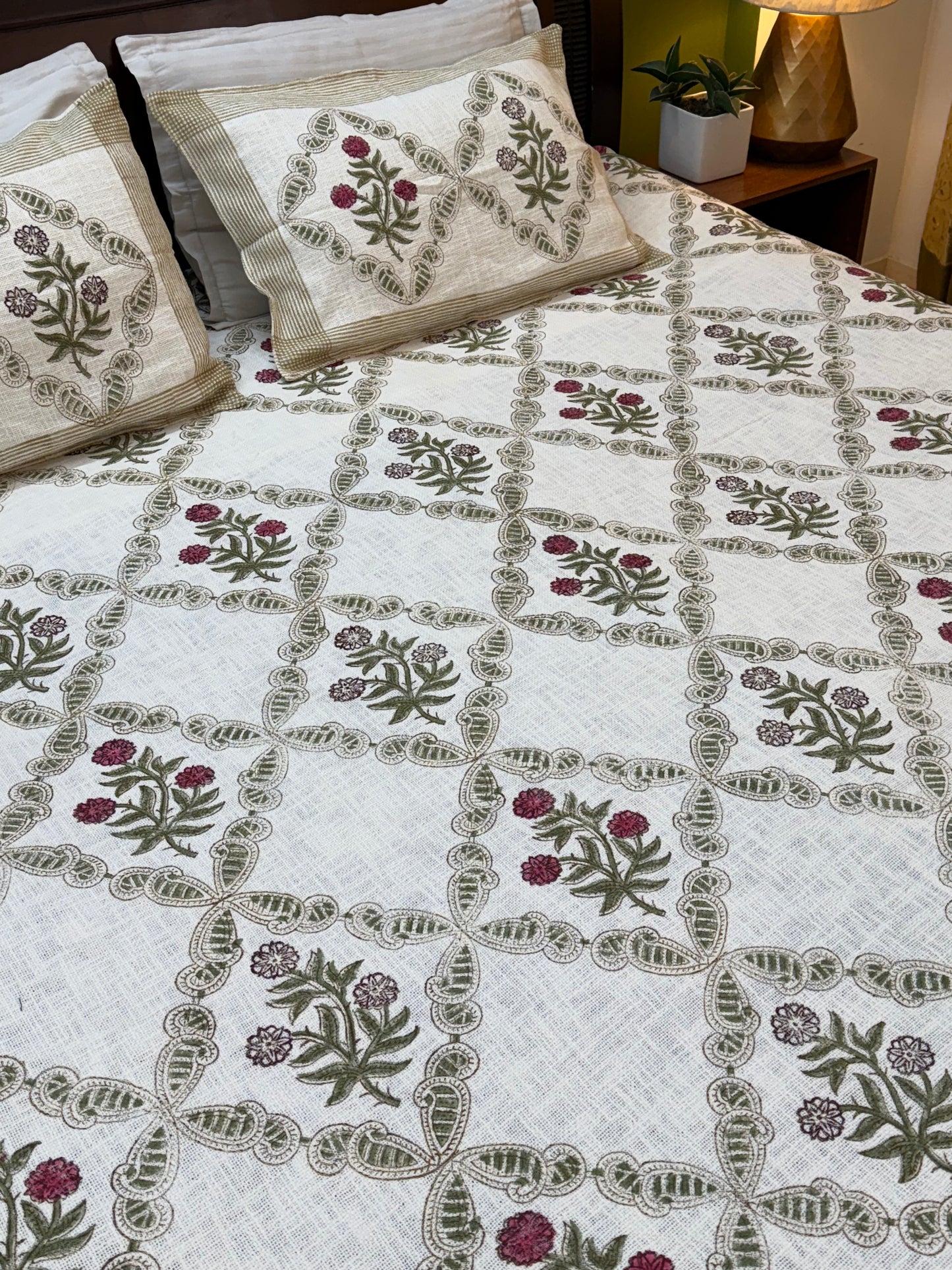 Hand Block Printed TNT Bedcover: Dahlias