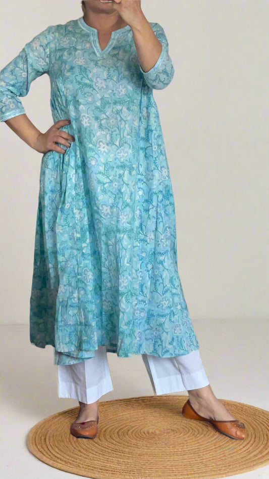 Hand Block Printed Light Blue Gathered Kurta