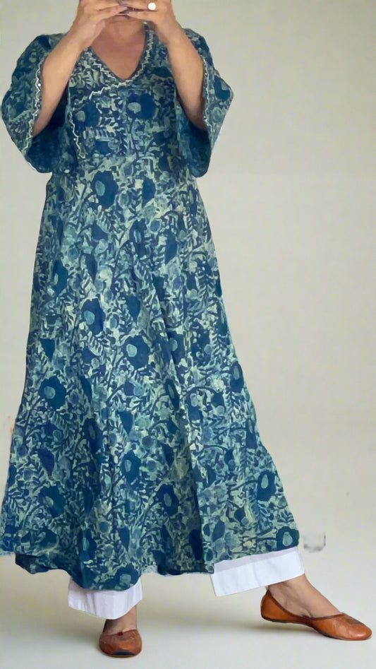 Hand Block Printed Angarkha Kurta: Blue