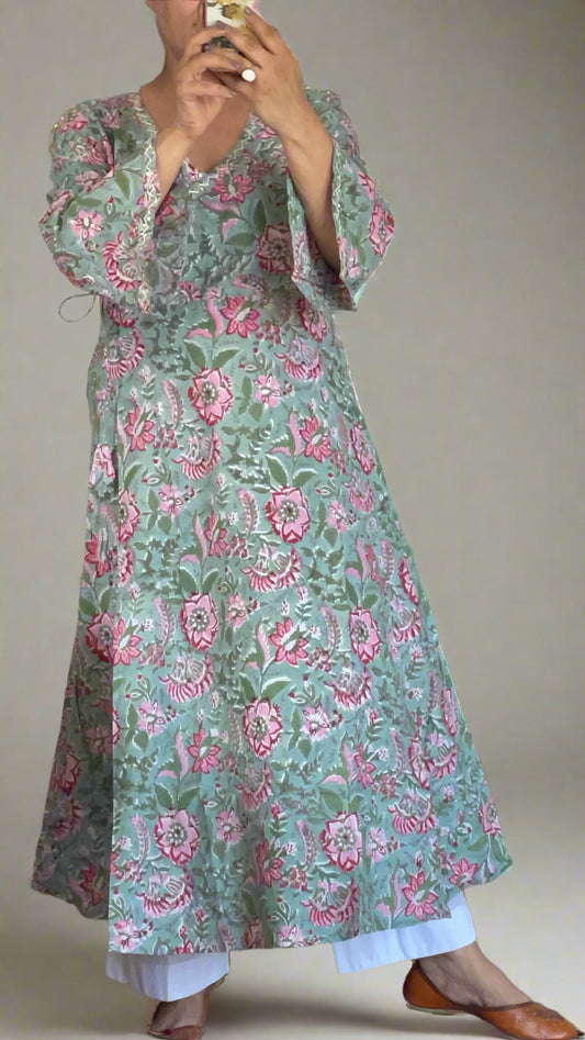Hand Block Printed Angarkha Kurta: Sage Green