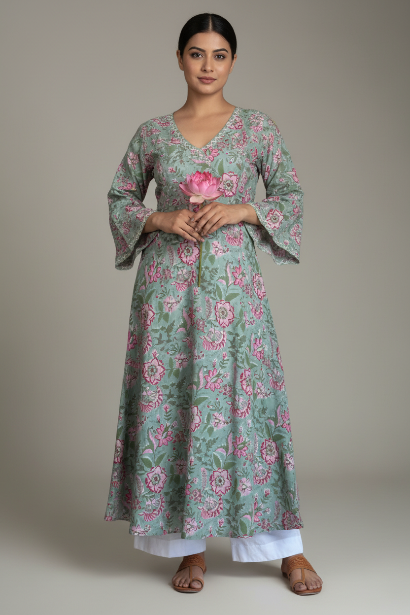 Hand Block Printed Angarkha Kurta: Sage Green