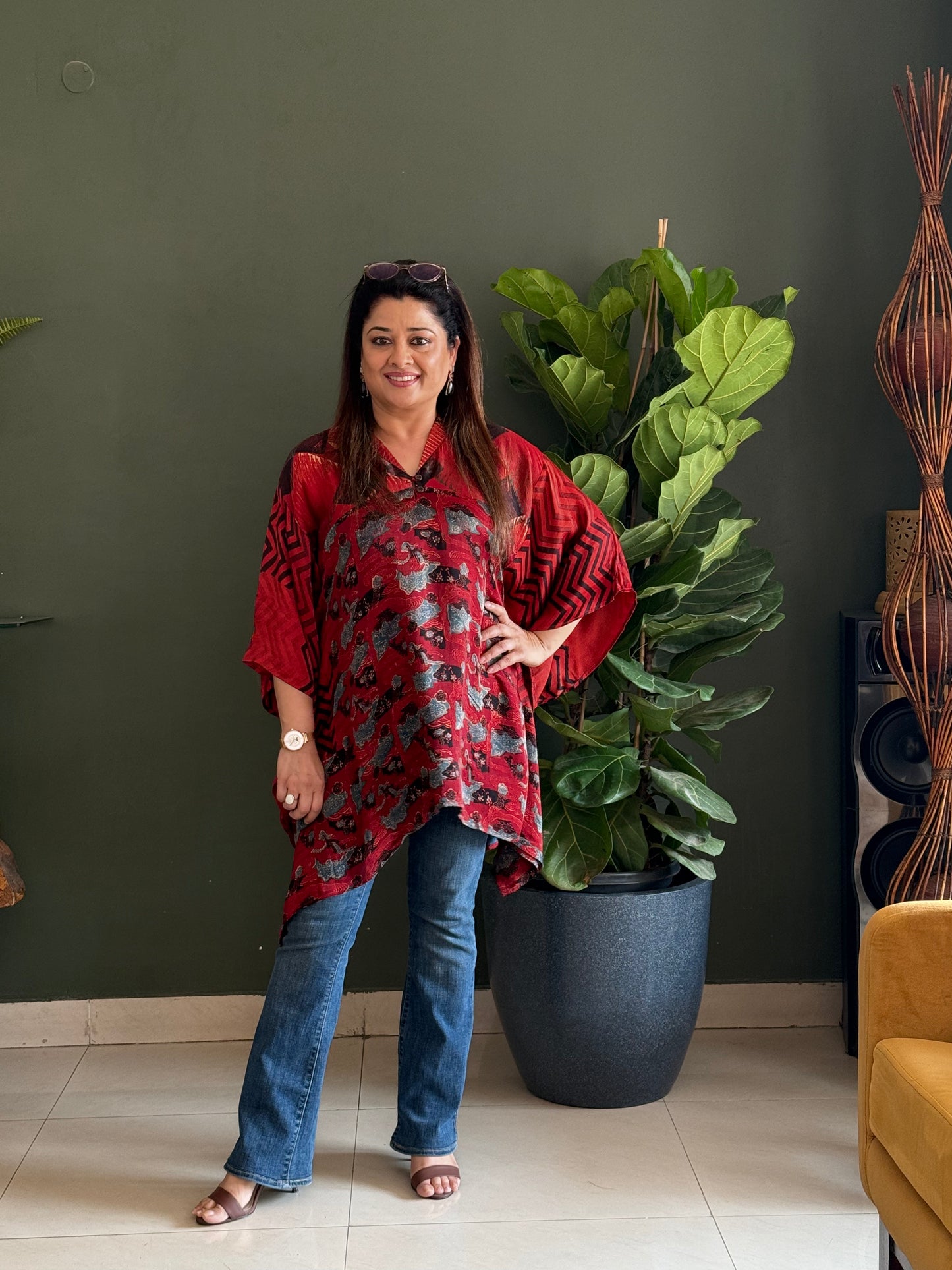 Ajrakh Vanaspati Modal Kaftan Top- Red