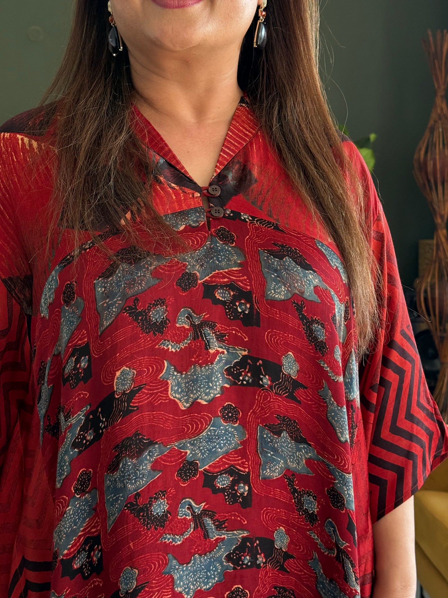 Ajrakh Vanaspati Modal Kaftan Top- Red
