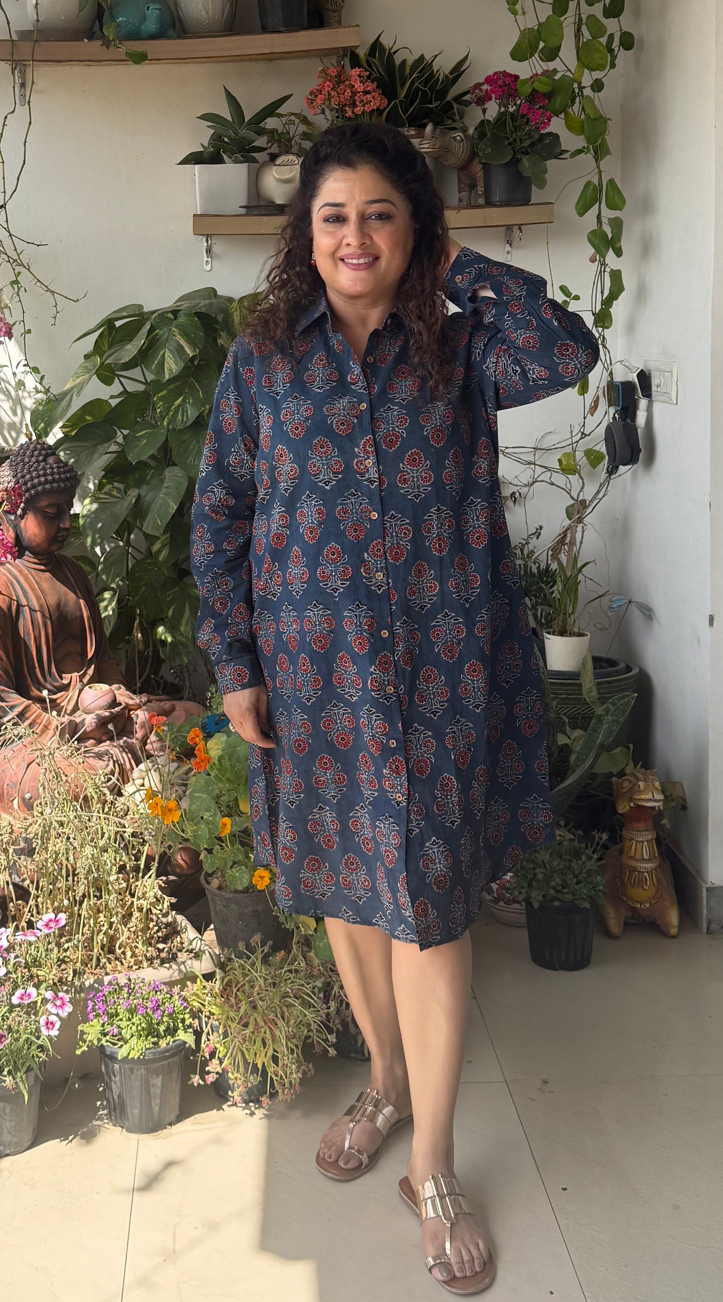 Ajrakh cotton Shirt dress- Blue
