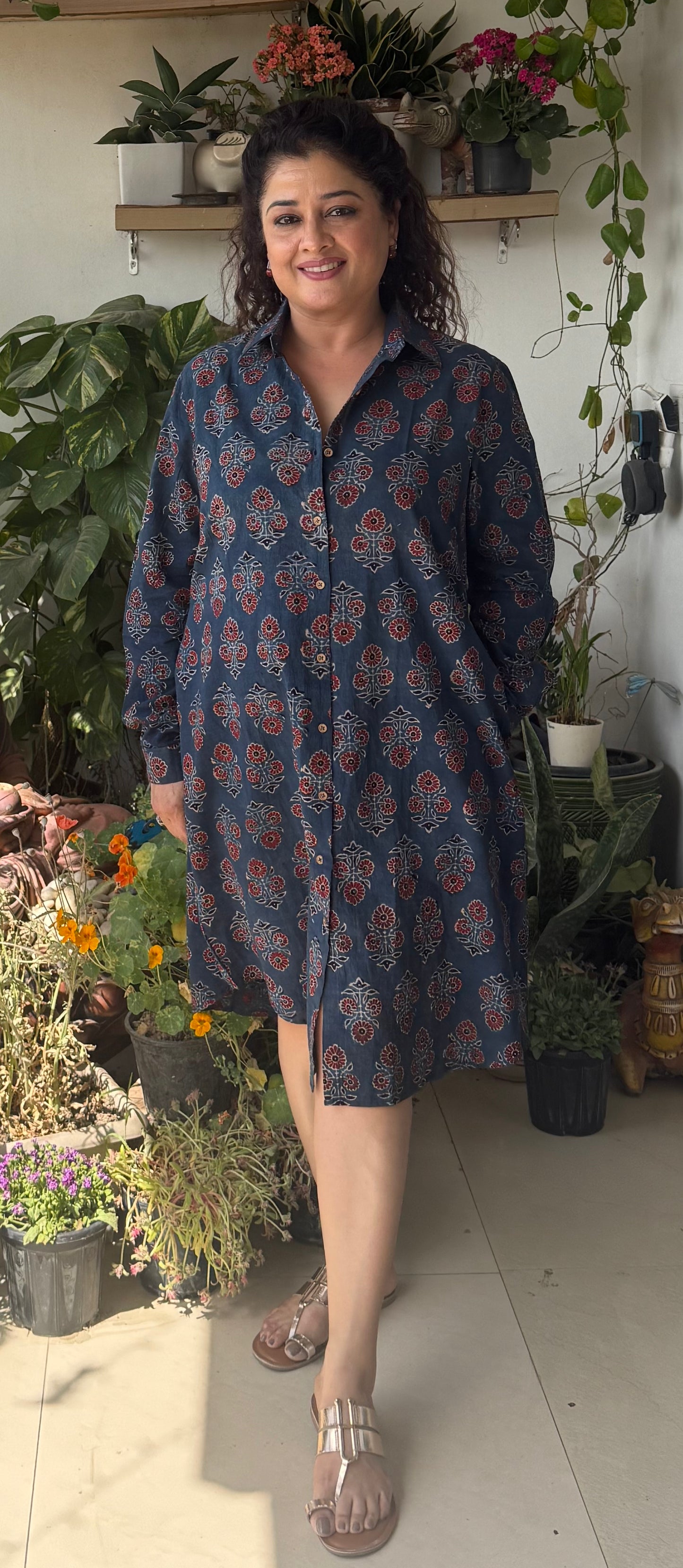 Ajrakh cotton Shirt dress- Blue