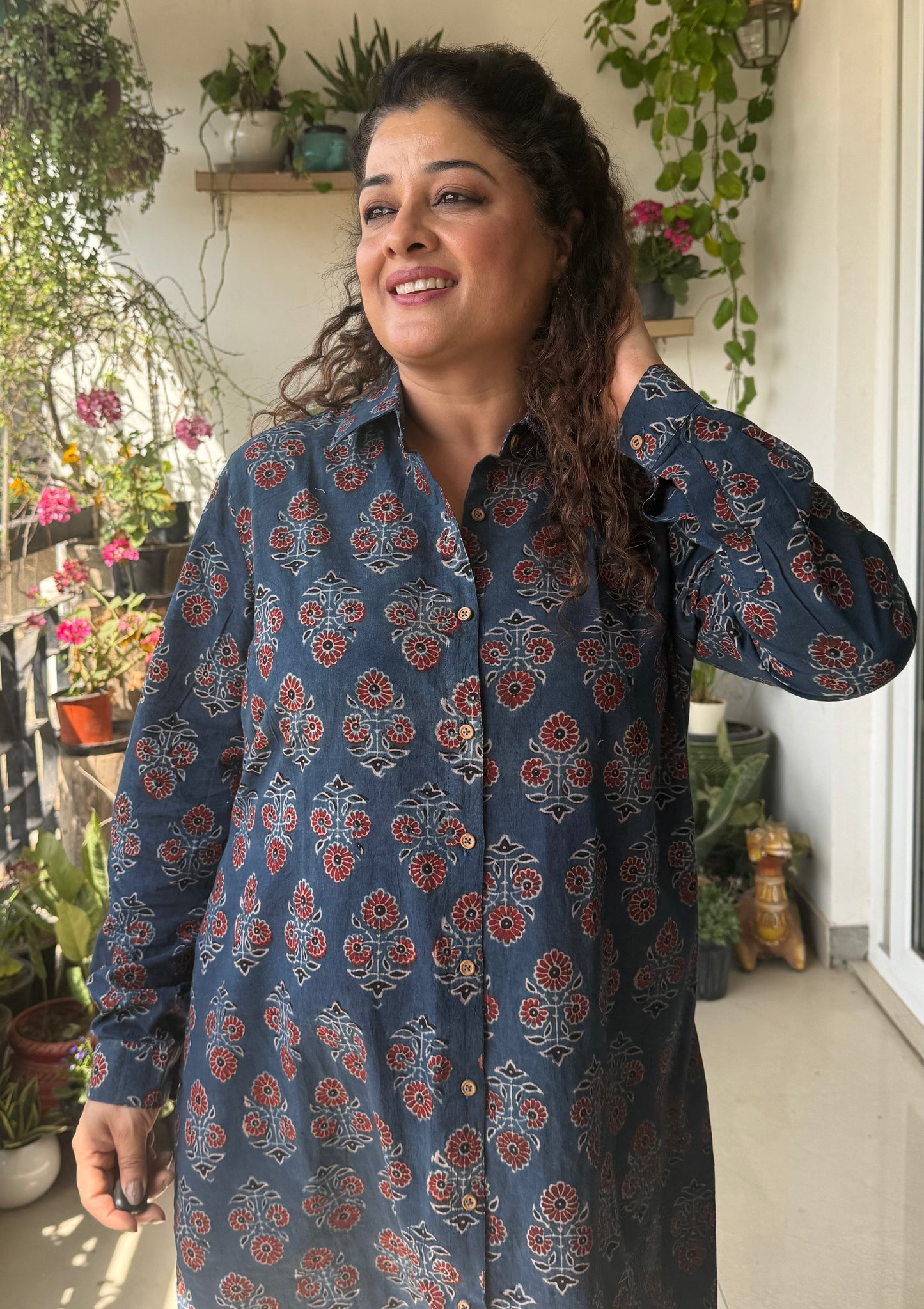 Ajrakh cotton Shirt dress- Blue