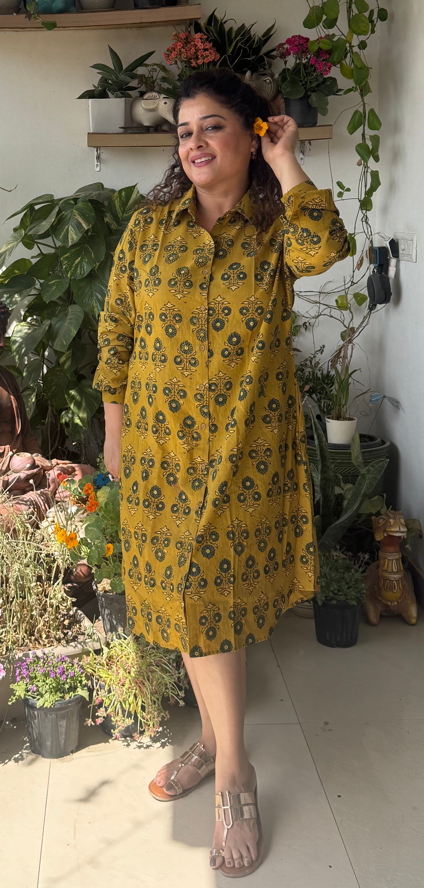 Ajrakh Cotton Shirt dress- Yellow