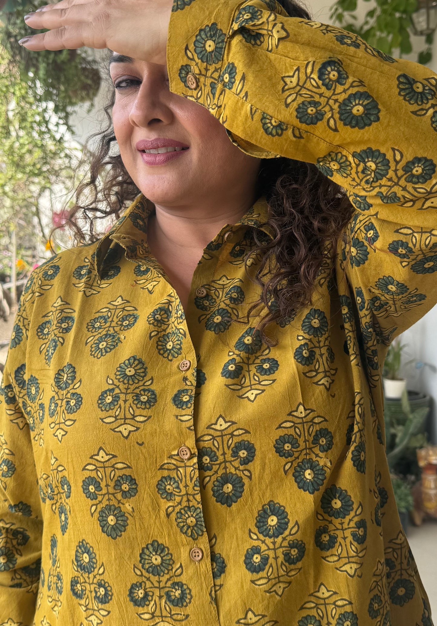 Ajrakh Cotton Shirt dress- Yellow