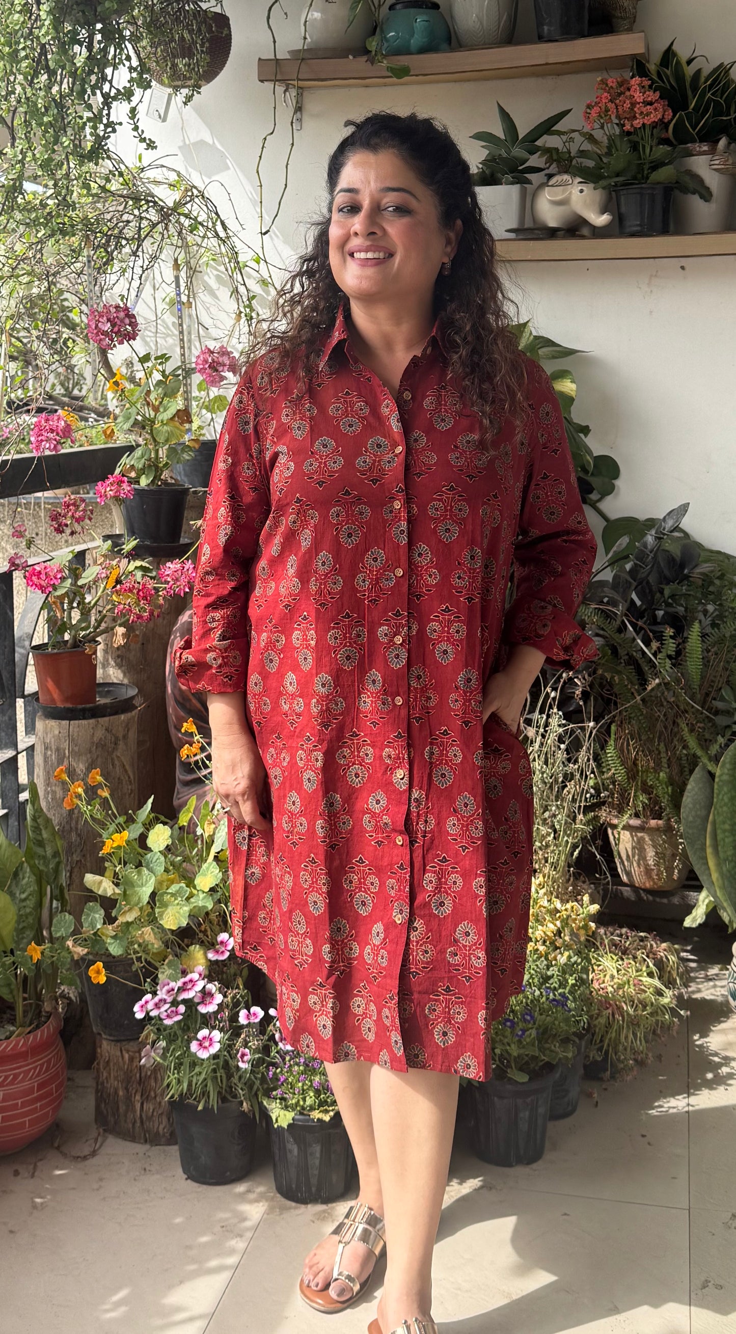 Ajrakh Cotton Shirt Dress- Red