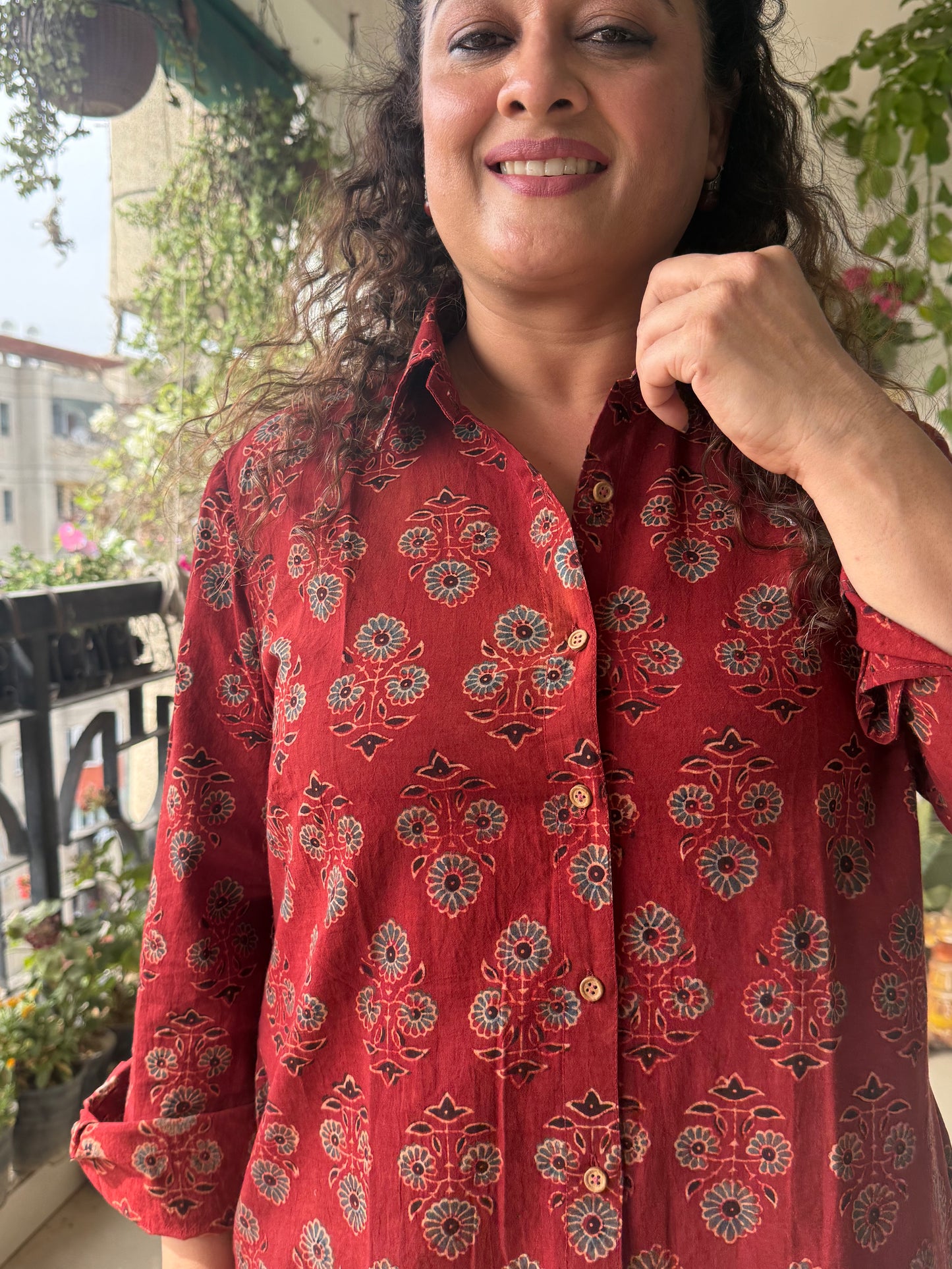 Ajrakh Cotton Shirt Dress- Red